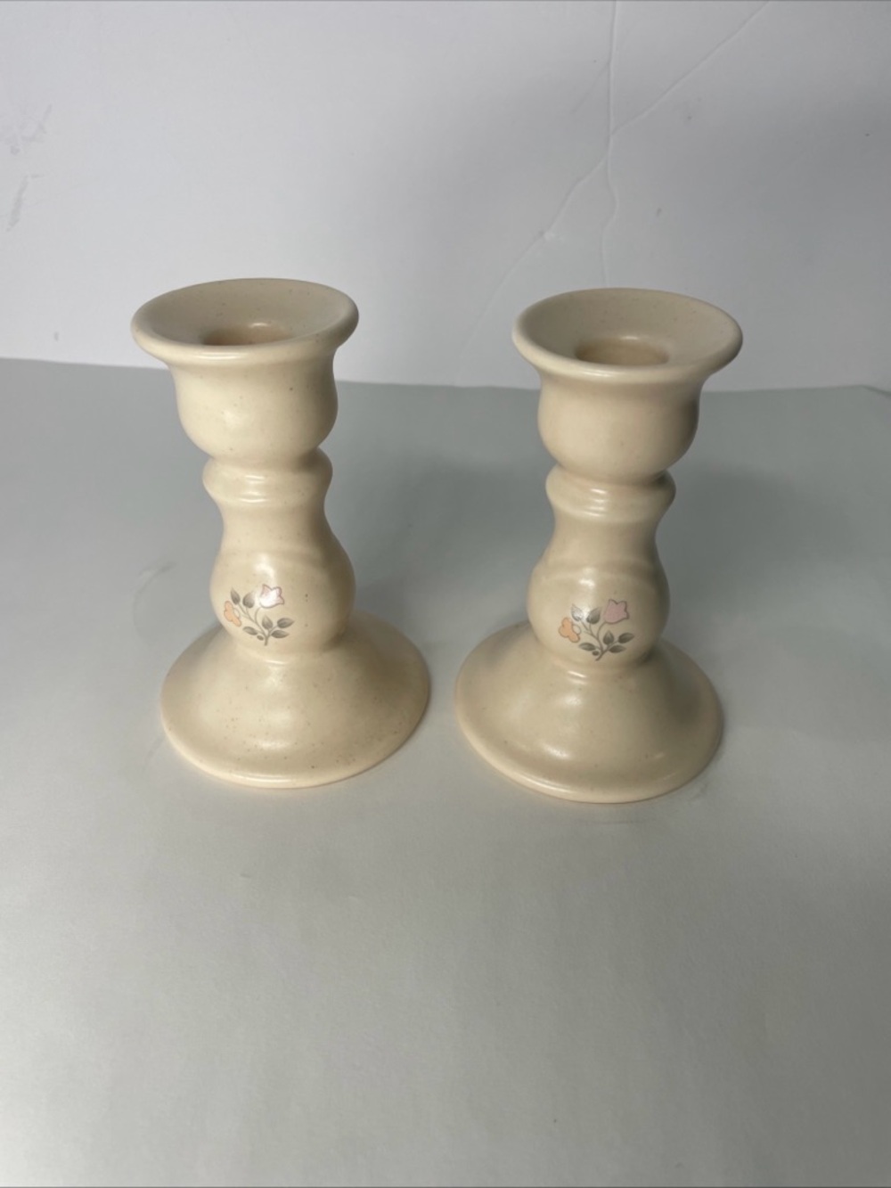 Vintage Pfaltzgraff Heirloom Candlestick Holders Pair Beige Gray Peach Pink 5”